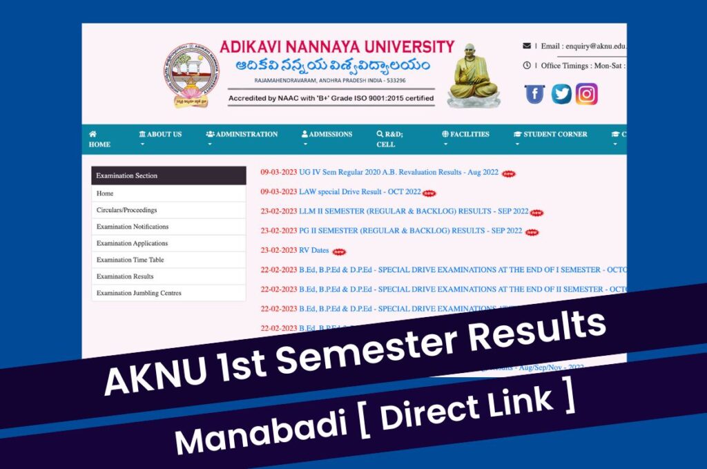 AKNU 1st Sem Results 2023, Manabadi BA BSc BCom Result @ aknu.edu.in Direct Link