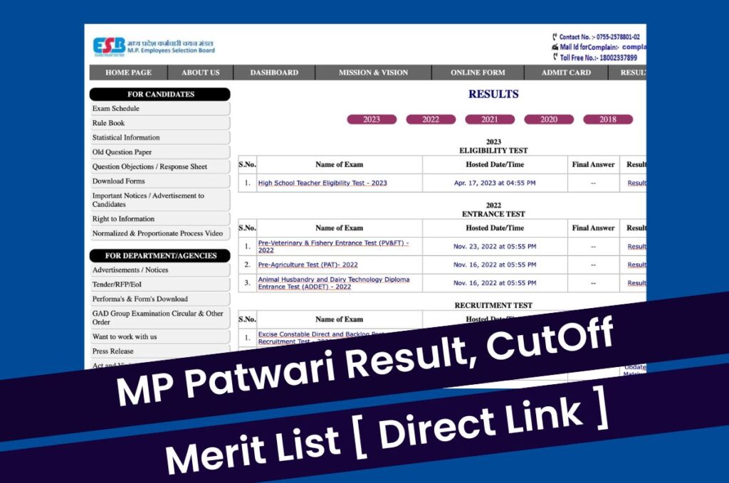 MP Patwari Result 2023, CutOff & Merit List @ esb.mp.gov.in Direct Link