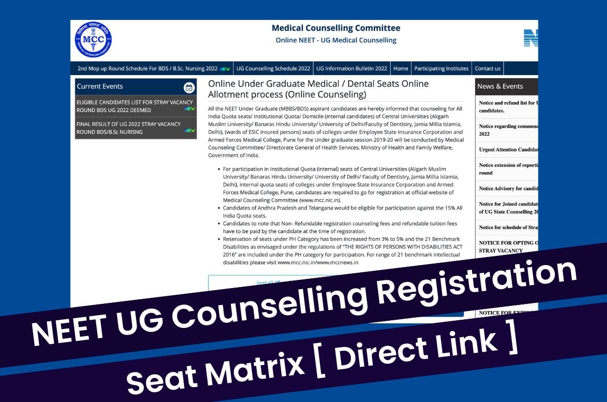 NEET UG Counselling 2023 Registration, Seat Matrix, Important Dates @  mcc.nic.in Direct Link