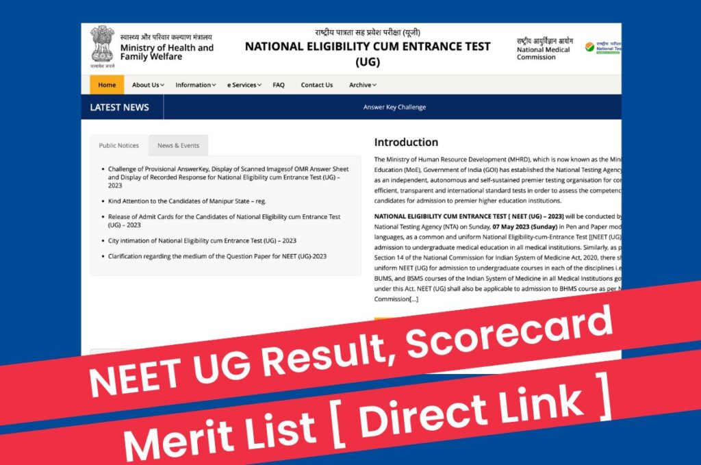 NEET UG Result 2023, Scorecard & Merit List @ neet.nta.nic.in Direct Link