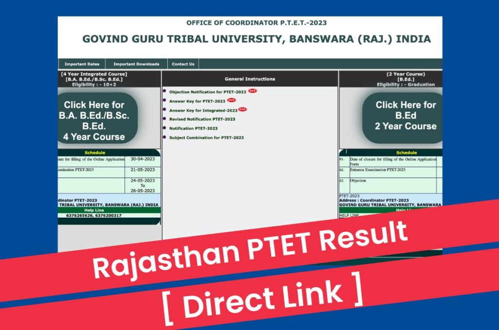PTET Result 2023, Rajasthan PTET CutOff & Merit List @ ptetggtu.com Direct Link