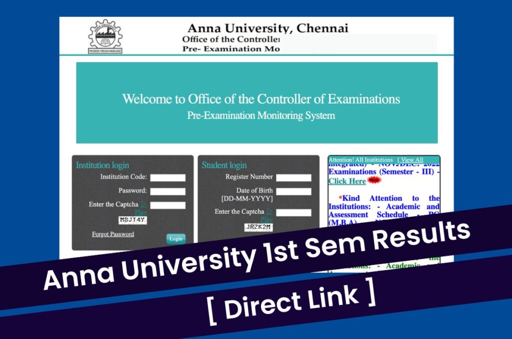 Anna University 1st Sem Results 2023, Download Marksheet @ coe1.annauniv.edu Direct Link