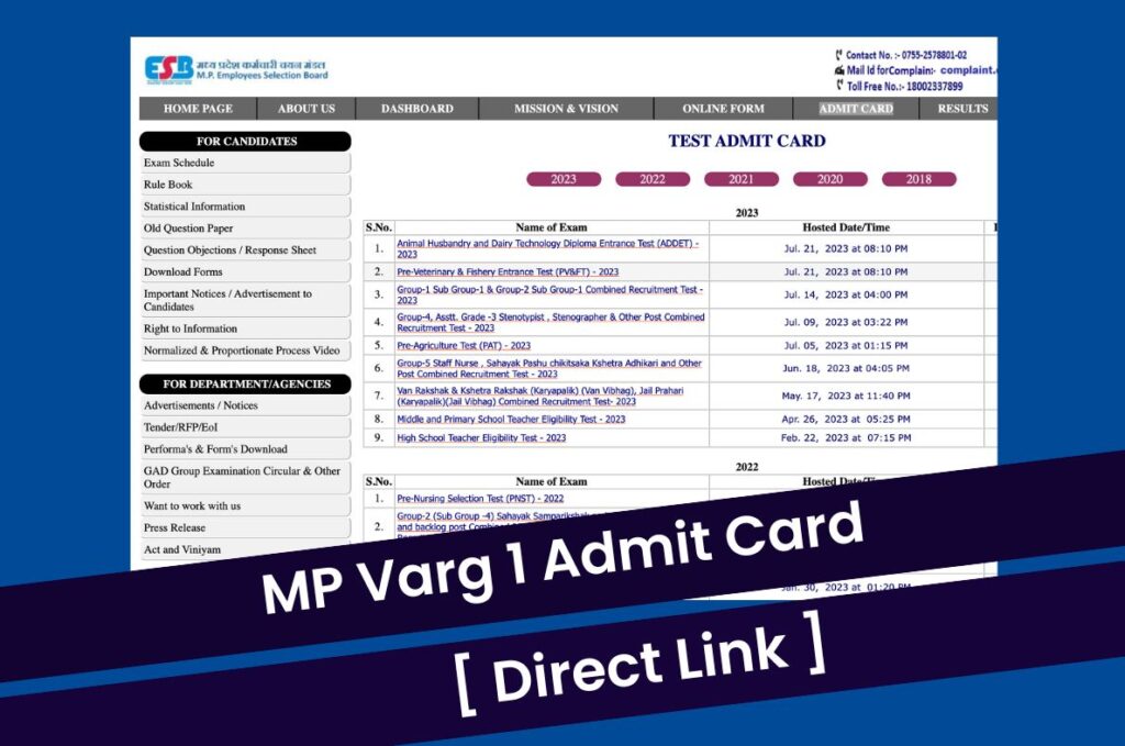 MP Varg 1 Admit Card 2023, Download MPTET Hall Ticket @ esb.mp.gov.in Direct Link